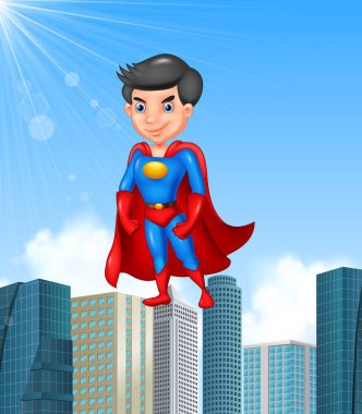 Gökdelen arka plan ile çizgi film süper kahraman