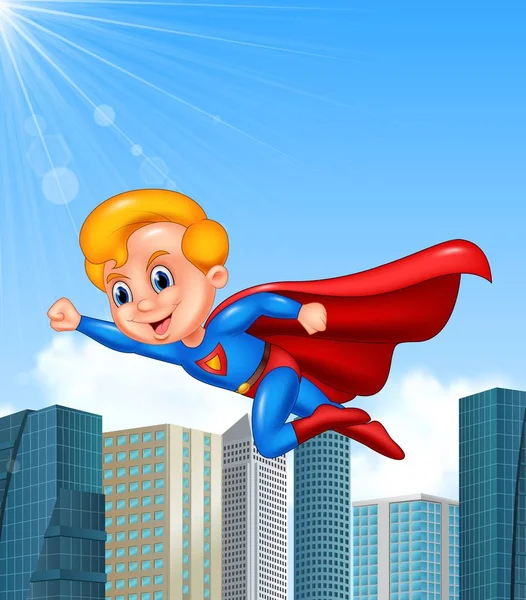 Cartoon superhero boy with skyscraper background — Stock Vector