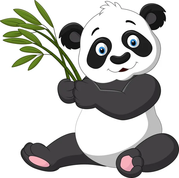 Lindo panda sosteniendo bambú — Vector de stock