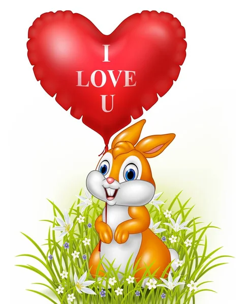 Kelinci kartun memegang balon jantung merah - Stok Vektor
