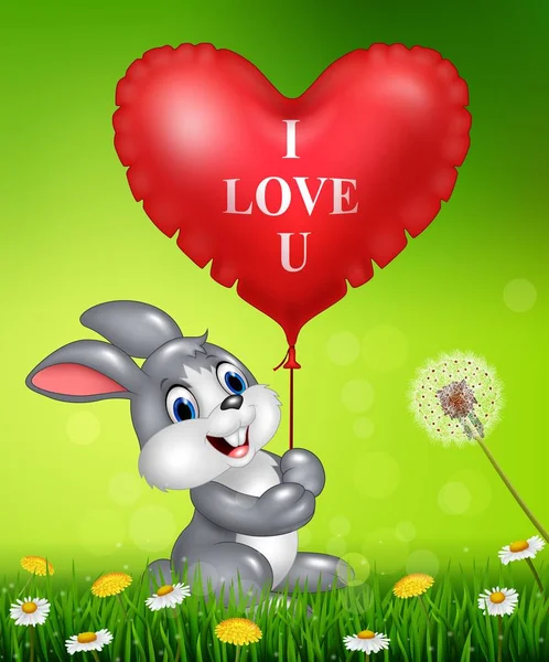 Mignon lapin tenant des ballons coeur rouge sur herbe verte — Image vectorielle
