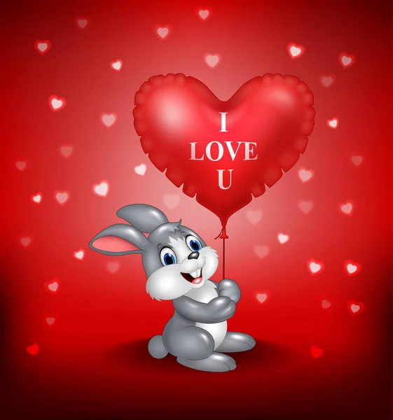 Tecknad kanin håller röda hjärta ballonger — Stock vektor