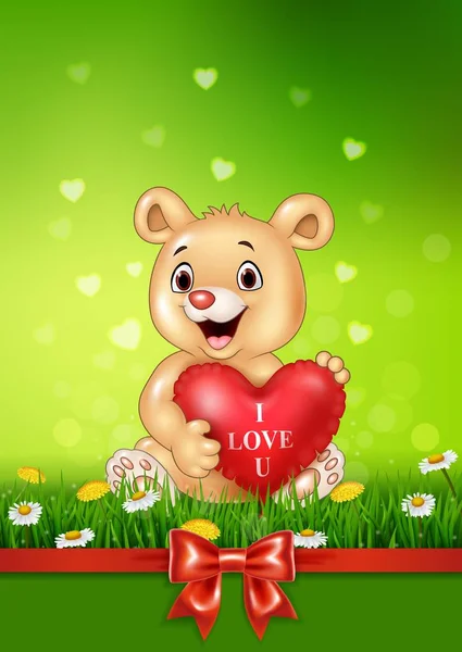 Cute bear holding red heart balloons on green grass — Stock Vector