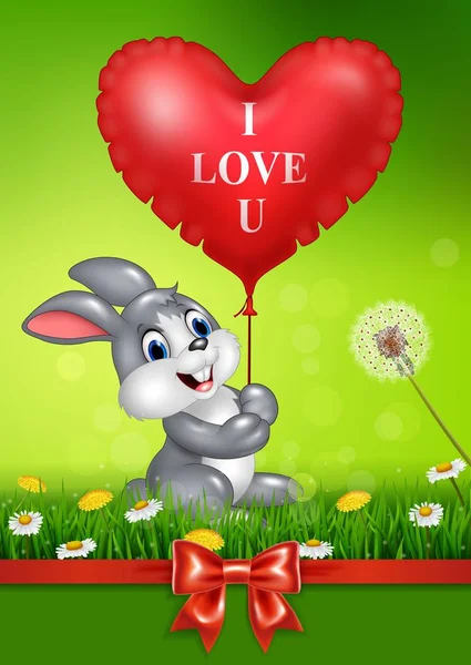 Mignon lapin tenant des ballons coeur rouge sur herbe verte — Image vectorielle