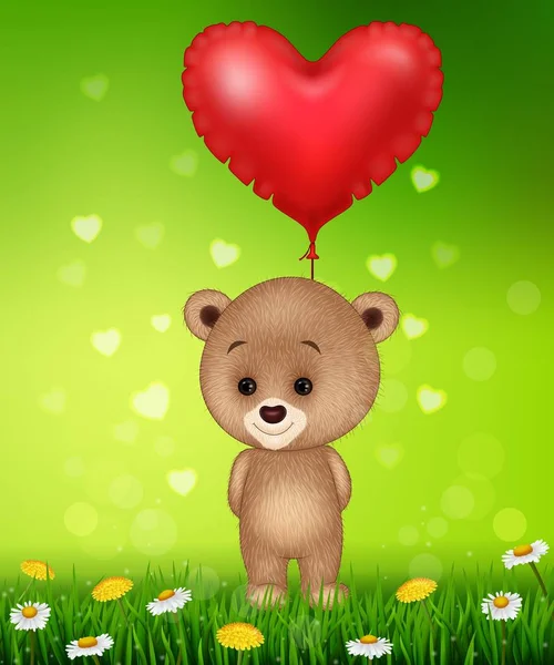 Κινούμενο μικρό αρκουδάκι κρατώντας κόκκινο σχήμα μπαλόνι — Διανυσματικό Αρχείο