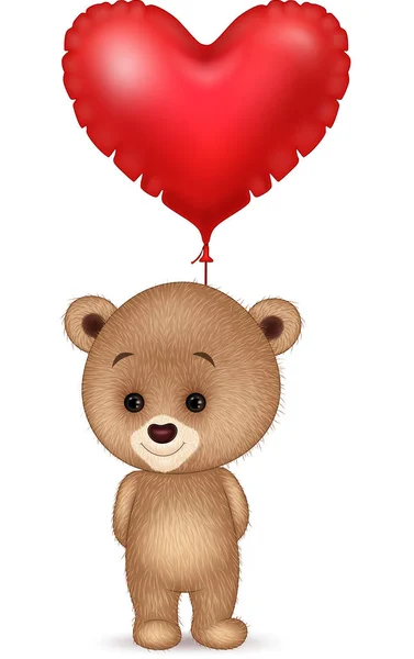 Ursinho dos desenhos animados segurando balão coração vermelho — Vetor de Stock