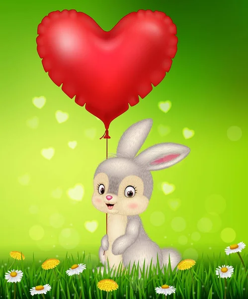 Boneka kelinci memegang balon jantung merah. - Stok Vektor