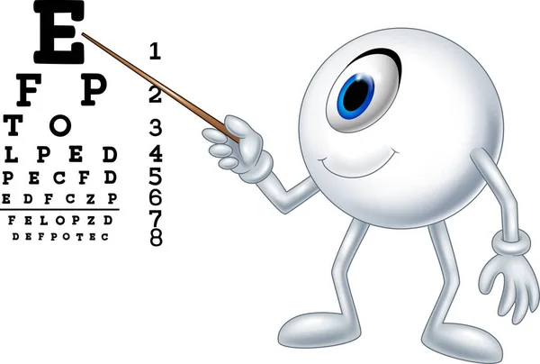 Cartoon eye ball optician pointing to Snellen chart — Stock Vector