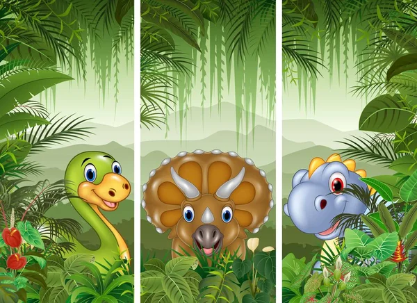 Set di dinosauri con sfondo foresta tropicale — Vettoriale Stock