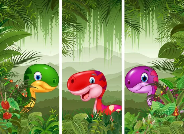 Set di dinosauri con sfondo foresta tropicale — Vettoriale Stock