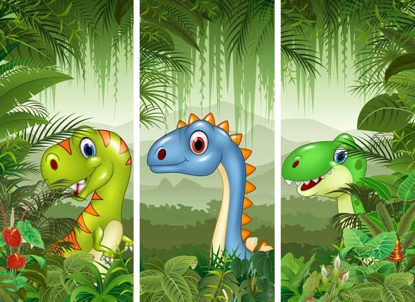 Set of dinosaur with tropical forest background — Stock Vector