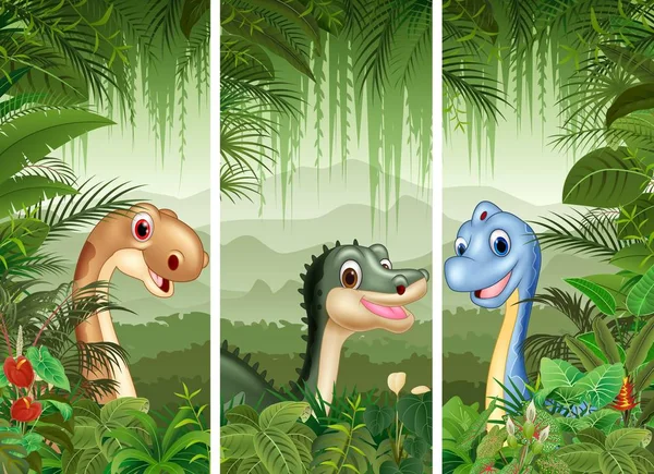 Set of dinosaur with tropical forest background — Stock Vector