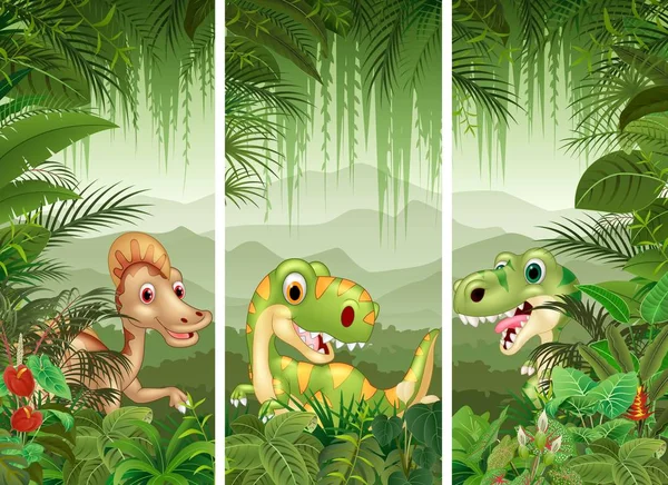 Juego de dinosaurios con fondo de bosque tropical — Vector de stock