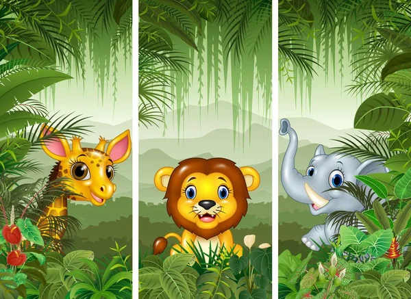 Conjunto de tres animales africanos con fondo de bosque tropical — Vector de stock