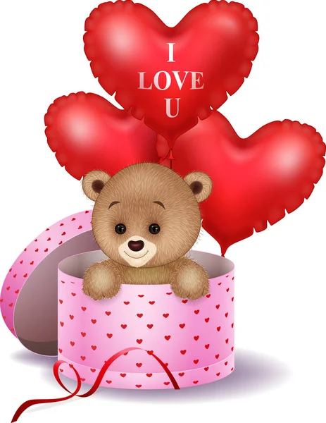 Cartoon bear in a gift box holding red shape balloon — Stock Vector