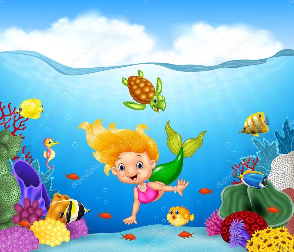 Cartoon mermaid with beautiful underwater world