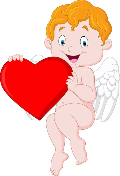 Funny little cupid holding love heart — Stock Vector