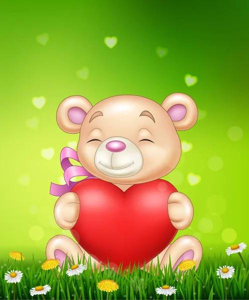 Urso dos desenhos animados segurando coração vermelho na grama verde — Vetor de Stock