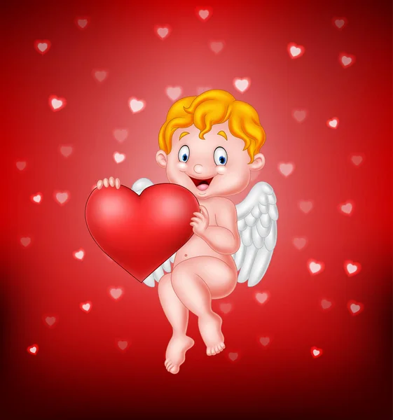 Cupido pequeño divertido sosteniendo el corazón del amor — Vector de stock
