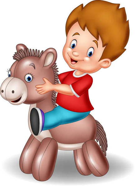 Cartoon child boy riding a toy donkey — Stock Vector