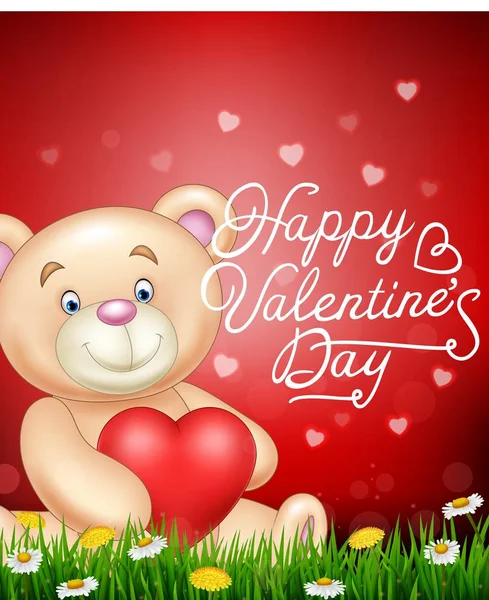 Valentines background with Cartoon bear holding red heart balloons — Stock Vector