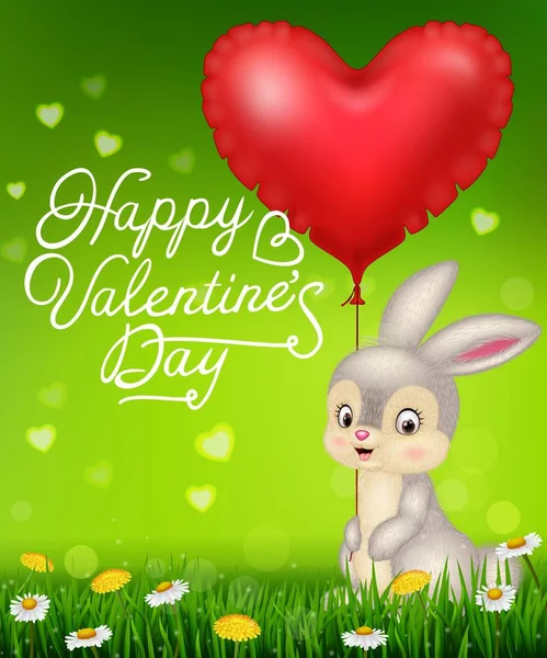 Valentine's day with Cartoon bunny holding red heart balloons — Stock Vector
