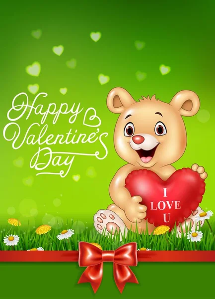 Cute bear holding red heart balloons — Stock Vector