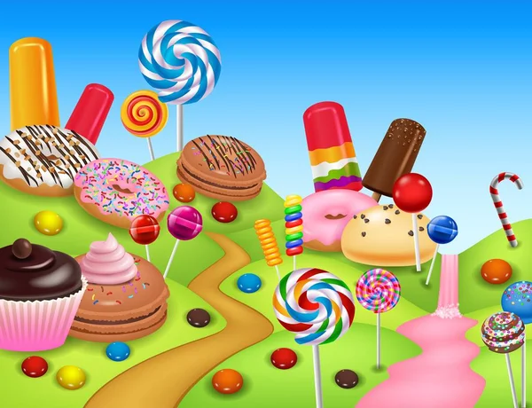 Fantasie-Candyland mit Desserts und Süßigkeiten — Stockvektor