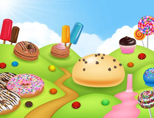 Фентезі Канділенд з десертами та цукерками — стоковий вектор