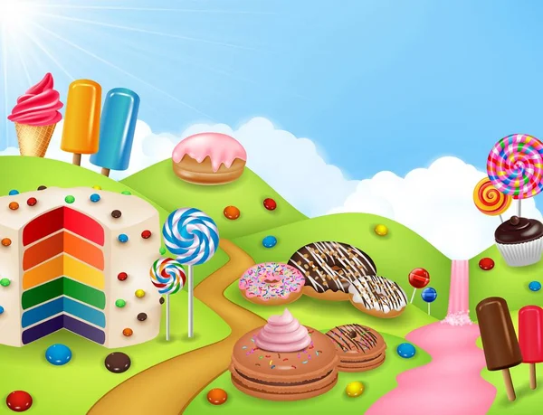 Candyland Fantasy z dessrts i słodycze — Wektor stockowy