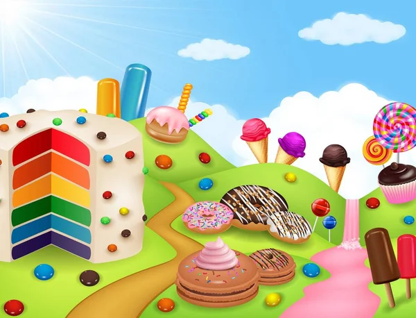 Candyland fantasia com dessrts e doces — Vetor de Stock