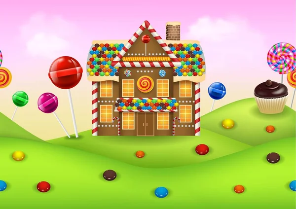 Fantasía candyland con casa de jengibre — Vector de stock