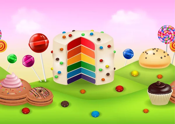 Candyland fantasia com dessrts e doces — Vetor de Stock