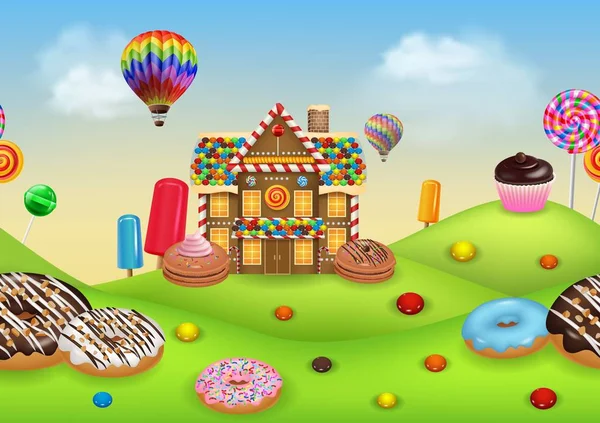 Candyland con casa de jengibre — Vector de stock