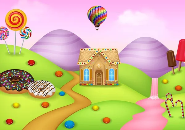 Candyland con casa di pan di zenzero — Vettoriale Stock