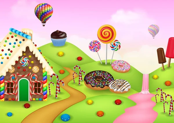 Candyland dengan rumah gingerbread - Stok Vektor