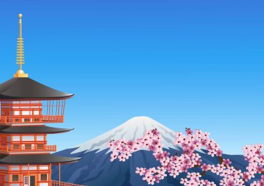 Chureito Pagoda ve sakura çiçeği ile Fuji Dağı