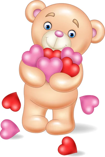 Urso de pelúcia dos desenhos animados abraçando um monte de coração — Vetor de Stock