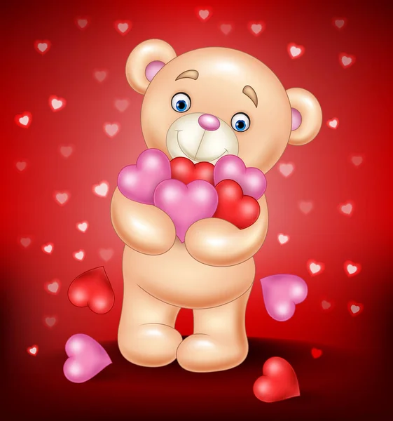 Dibujos animados osito de peluche abrazando ramo de corazón — Vector de stock