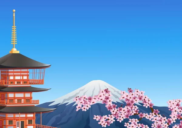 Pagoda Chureito y monte Fuji con flor de sakura — Vector de stock