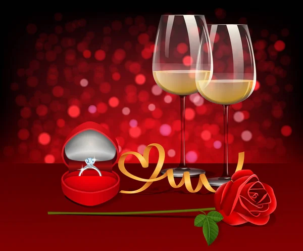 Романтическое празднование Дня Святого Валентина с вином, розами и обручальным кольцом — стоковый вектор