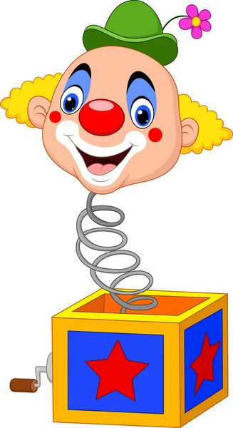 Kreslená klaunská hlava vychází z krabice — Stockový vektor