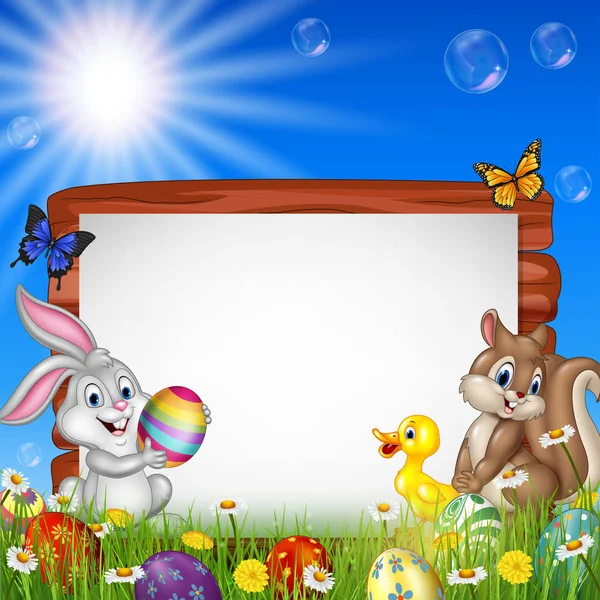 Easter background with small animals and blank sign — Stock Vector