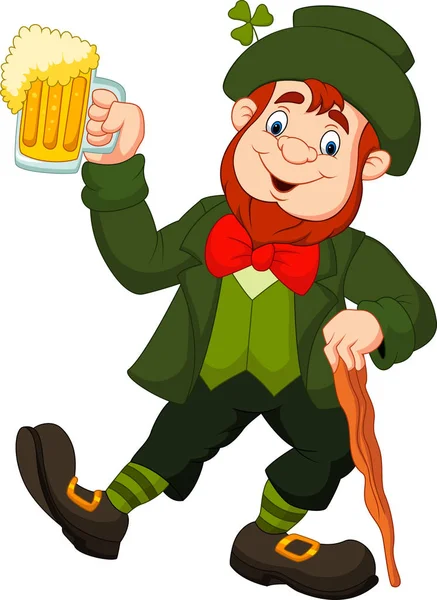 Cartoon happy leprechaun holding beer — Stock Vector