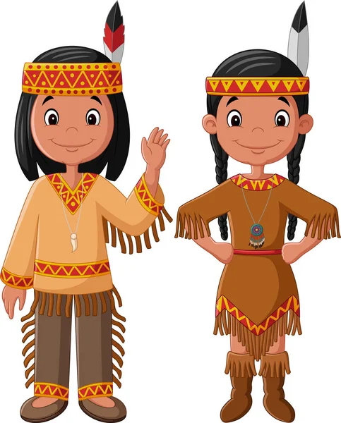 Pareja de dibujos animados indio americano nativo con traje tradicional — Vector de stock