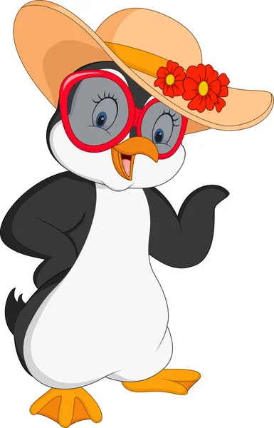 Penguin kartun memakai jerami musim panas - Stok Vektor