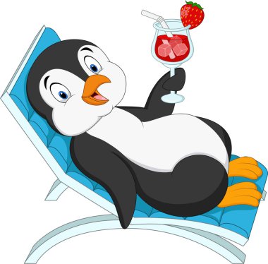 Çizgi film pengueni plaj sandalyesinde oturuyor ve elinde kokteyl tutuyor.