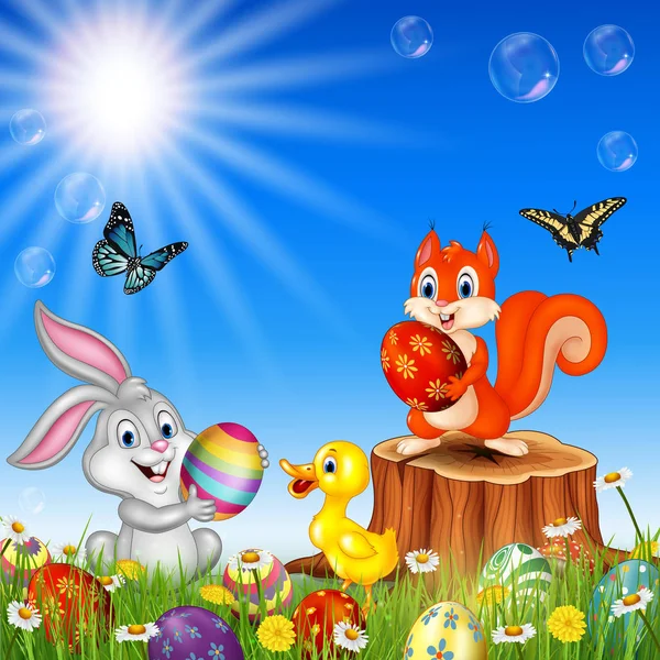 Kreskówki, śmieszne zwierzęta z natury Wielkanoc tła — Wektor stockowy