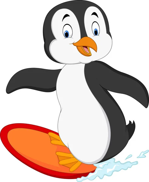 Pingüino surfista de dibujos animados — Vector de stock