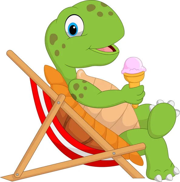Cartoon schildpad zittend op een strandstoel en houdt van een ijsje — Stockvector